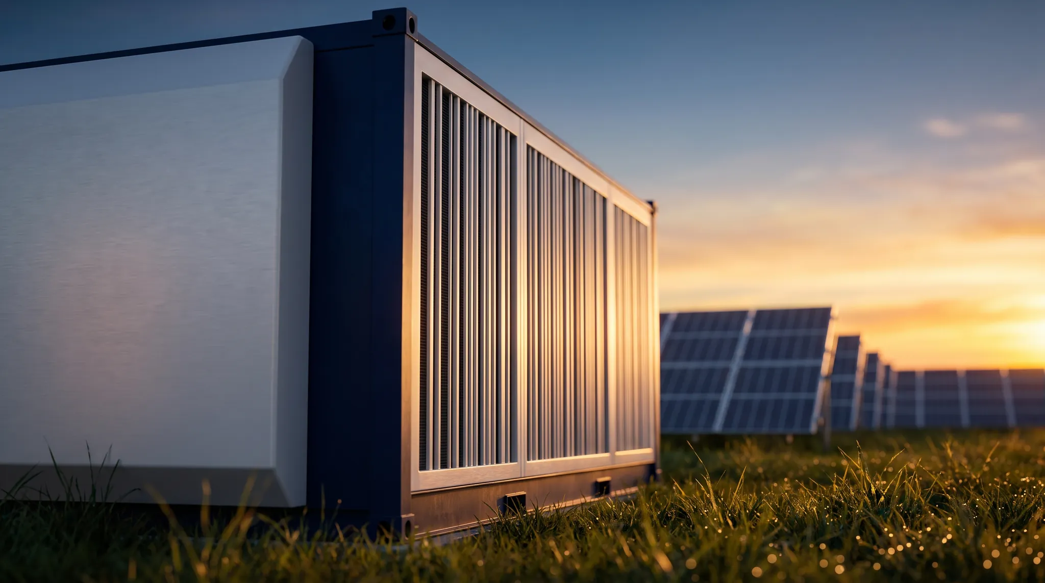 Batteriespeicher-Container neben Photovoltaik-Reihen im Abendlicht (Illustration)