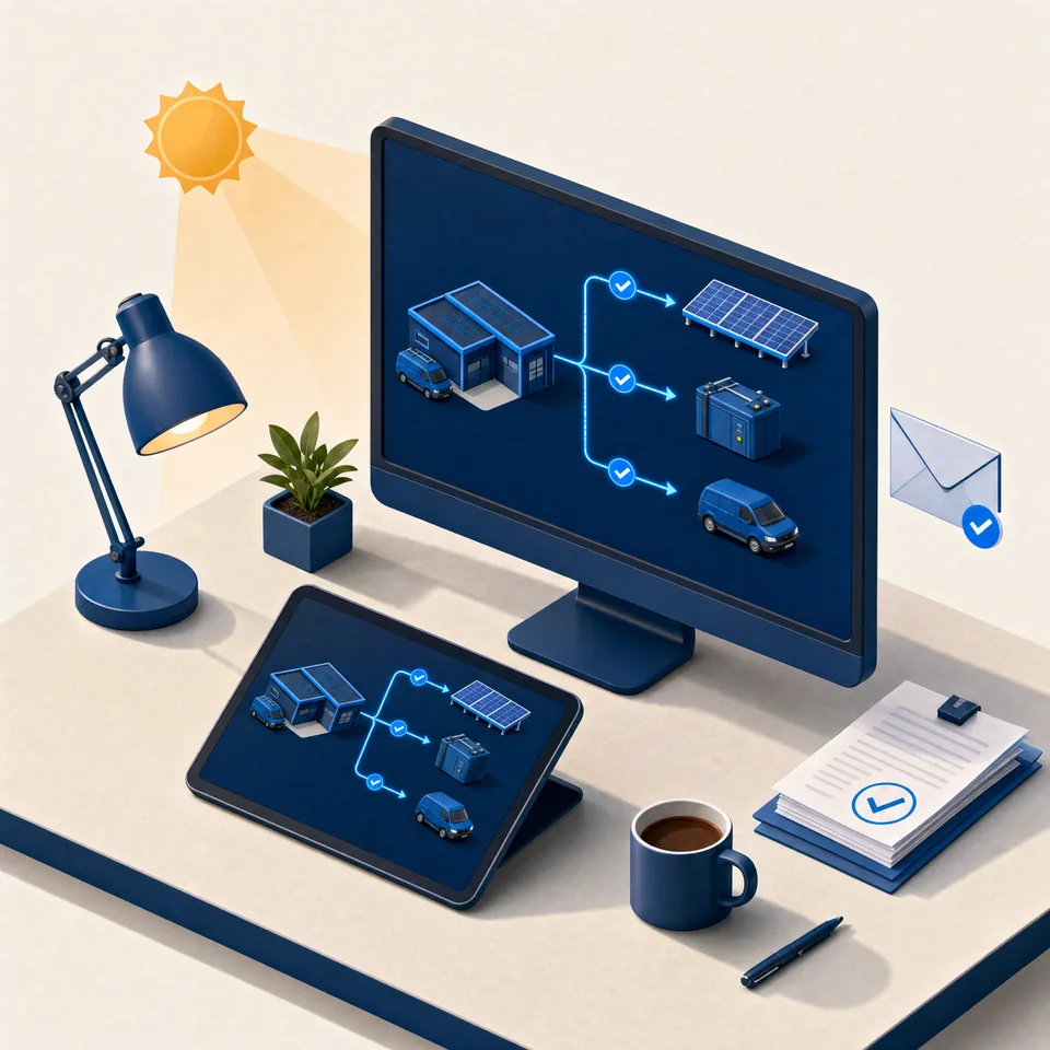 Illustration: Monitoring- und Abrechnungsarbeitsplatz mit Energieflüssen von Anlage, Speicher und Fahrzeug